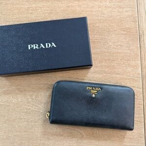 Prada Black Saffiano Zip Around Wallet with Gold Logo